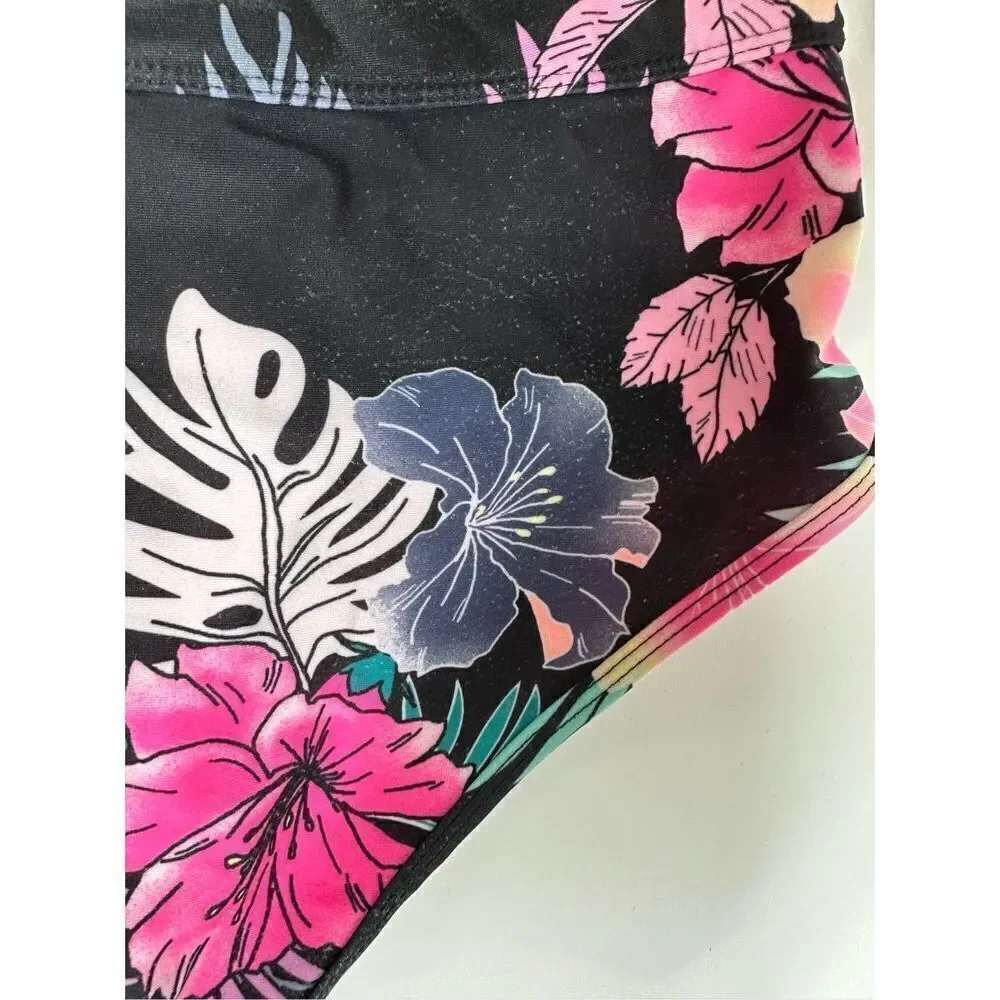 Justice Girl Rash Guard SET 2 pc Black Floral  Swimsuit UPF 50+ Sz16-18(XL)